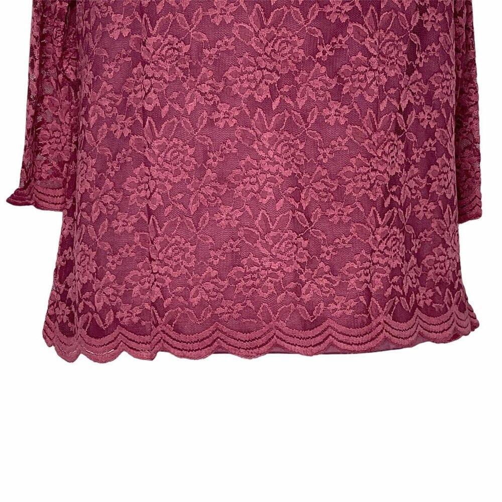 Roaman's Burgundy Lace Long Sleeved Scoop Neck Blouse Size 12 - Picture 4 of 8